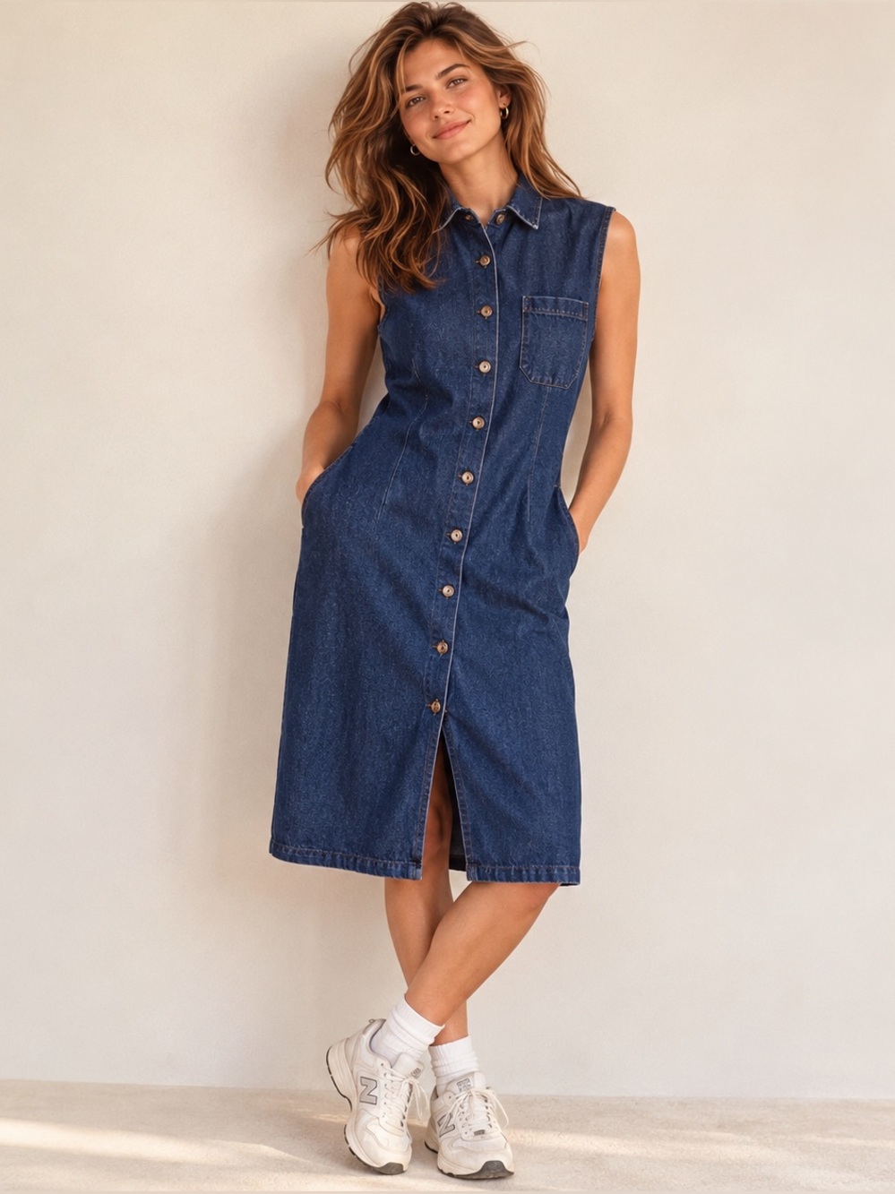 Vintage ESPRIT Denim Button Front Midi Dress Sleeveless 100% Cotton Blue Size 10
